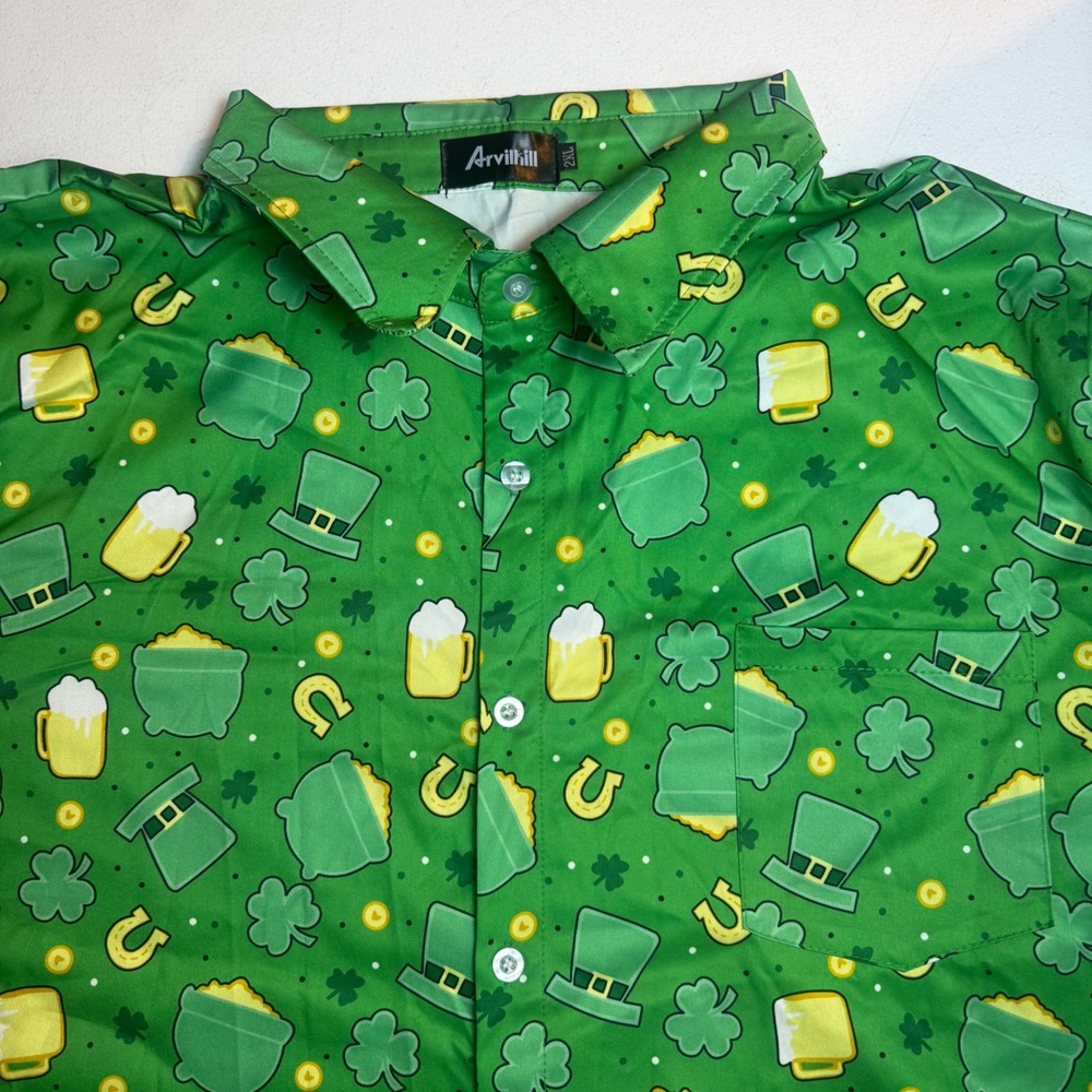 Mens 2XL St Patricks Day Button Up Shirt Green Beer Pot of Gold Golf